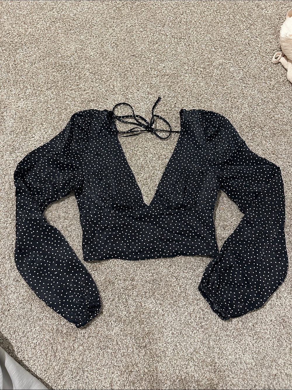 Zara Black Polka Dot V-Neck Tie-Back Crop Top